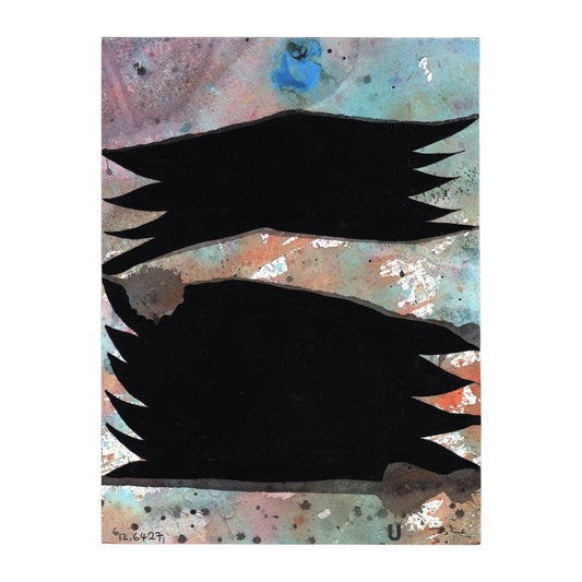 Two large black shapes stretch horizontally across the composition, each with jagged, pointed edges facing outward. The background consists of layered washes in muted tones of blue, pink, brown, and grey. Metallic white patches are scattered across the surface, along with small black splatters and faint stains. A single blue mark appears near the top centre. The overall surface is textured, with visible gradients and irregular transitions between colour areas.